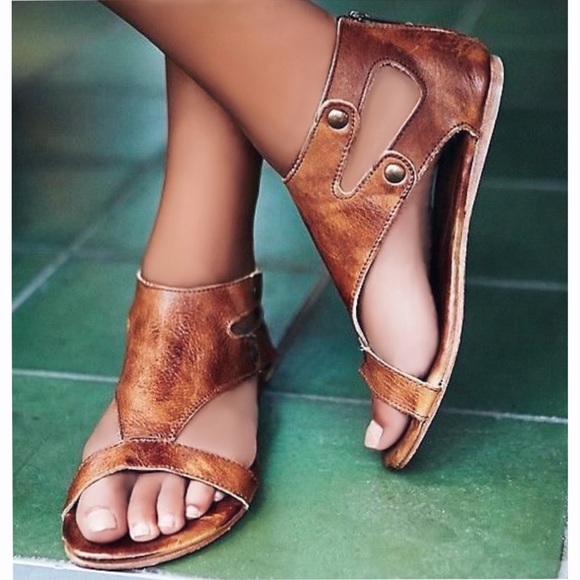 Shoes - Tan Flat Faux Leather Gladiator Slide Sandals